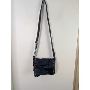 Rough Roses Navy Blue Leather Purse Crossbody Bag Gold Studs Studded 8x9.5"